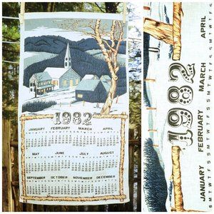 Vintage 1982 Country Village & Church in Twilight Calendar Towel Birthday Gift